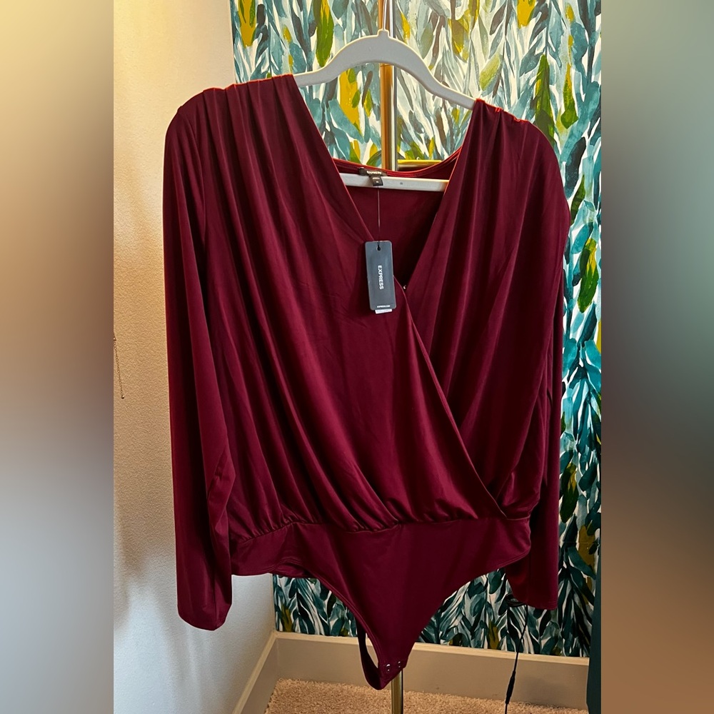 Express Maroon Long Sleeved Draped Bodysuit Size XL NWT